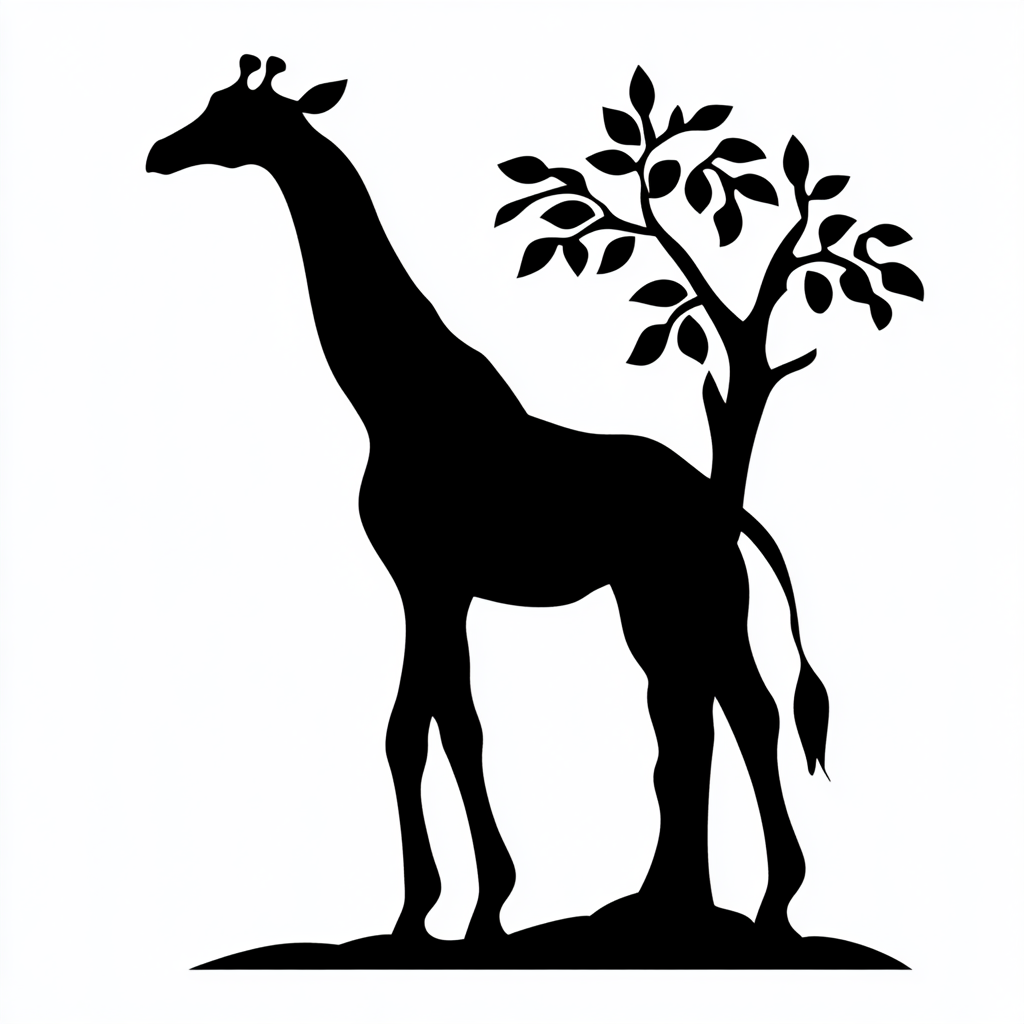 森の中のシルエットのキリンと木のフリー素材イラスト | 無料イラスト